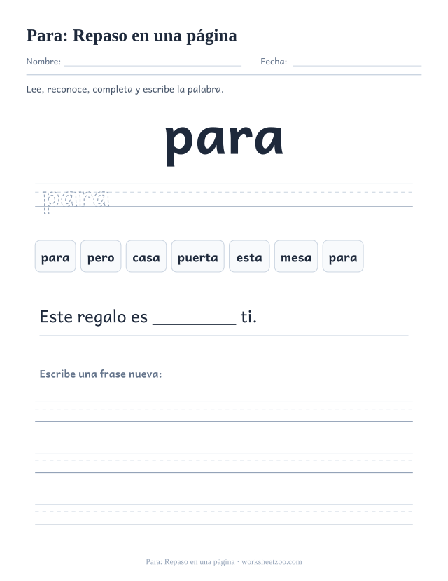 Ficha de la palabra frecuente «para», repaso en una página para imprimir