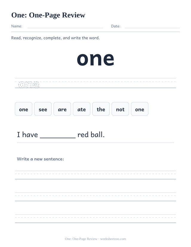 Sight word “one” worksheet, one-page review printable activity