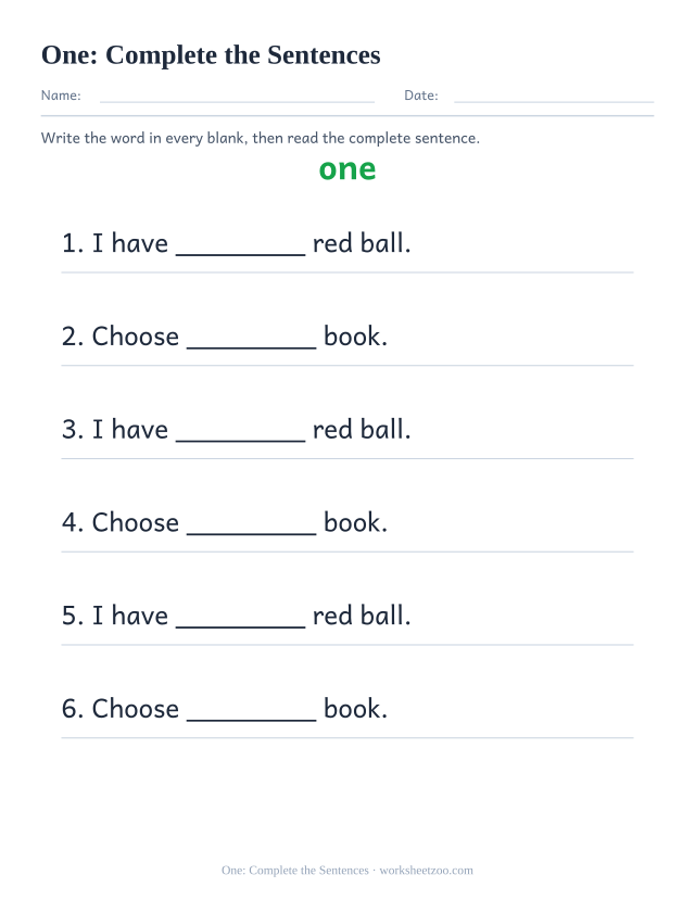 Sight word “one” worksheet, complete the sentences printable activity