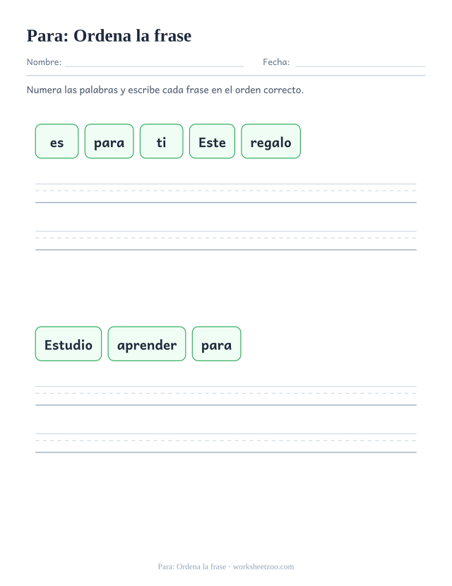 Ficha de la palabra frecuente «para», ordena la frase para imprimir