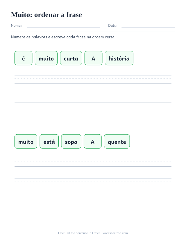 Prévia da palavra frequente “muito”, ordenar a frase