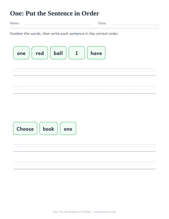 Sight word “one” worksheet, put the sentence in order printable activity
