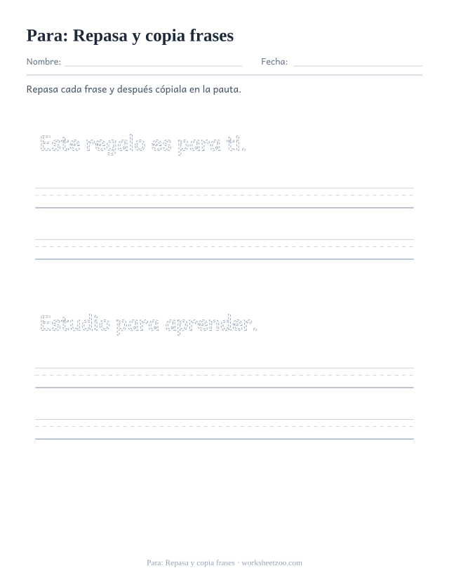 Ficha de la palabra frecuente «para», repasa y copia frases para imprimir