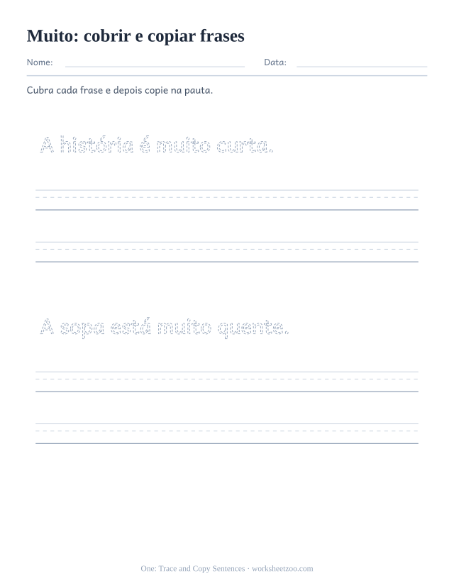 Prévia da palavra frequente “muito”, cobrir e copiar frases