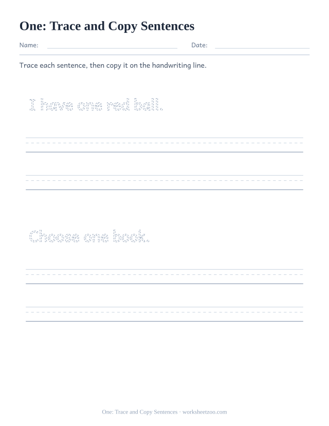 Sight word “one” worksheet, trace and copy sentences printable activity