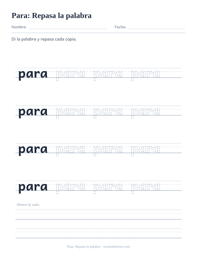 Ficha de la palabra frecuente «para», repasa la palabra para imprimir