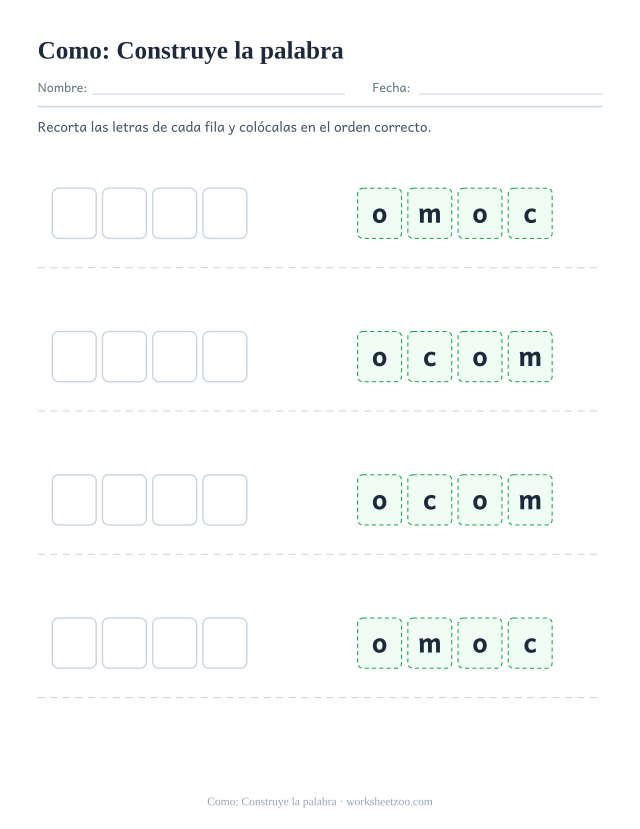Ficha de la palabra frecuente «como», construye la palabra para imprimir