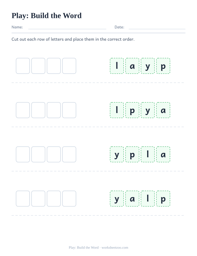 Sight word “play” worksheet, build the word printable activity
