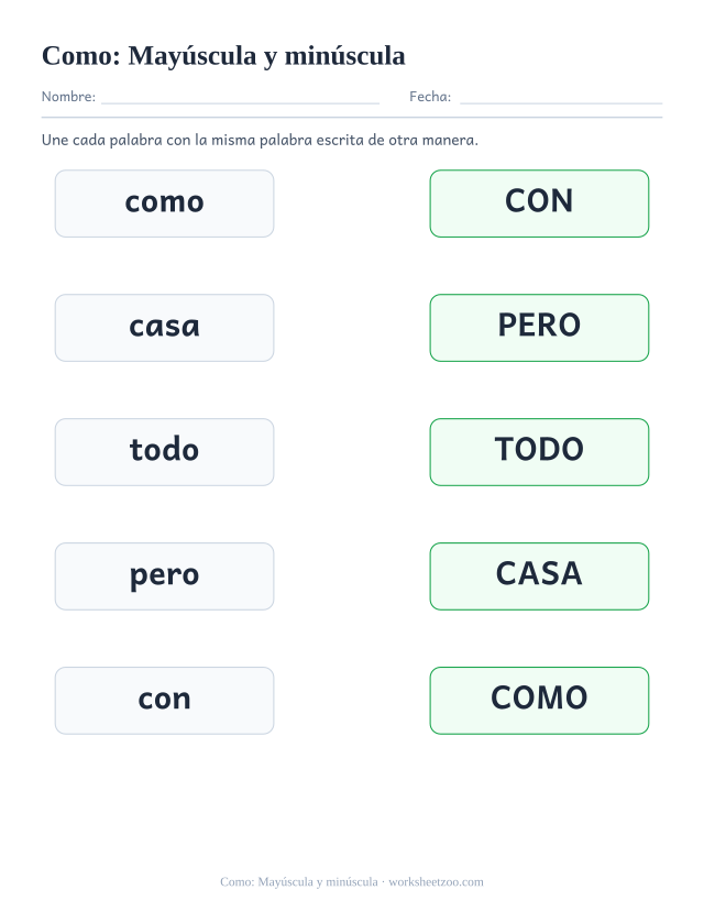 Ficha de la palabra frecuente «como», mayúscula y minúscula para imprimir