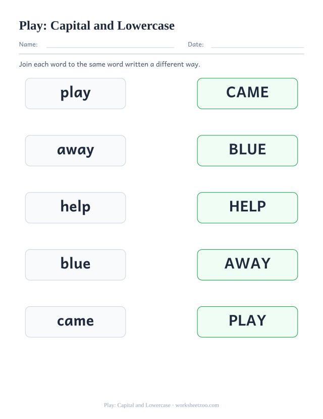Sight word “play” worksheet, capital and lowercase printable activity