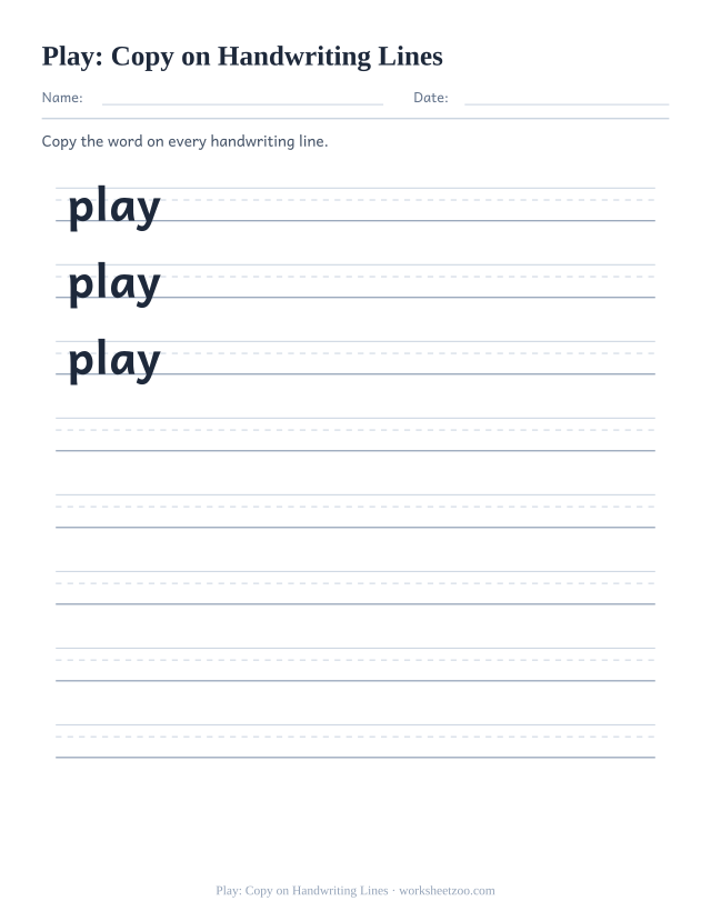 Sight word “play” worksheet, copy on handwriting lines printable activity