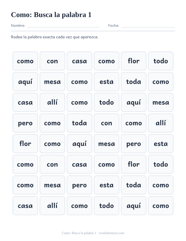 Ficha de la palabra frecuente «como», busca la palabra 1 para imprimir