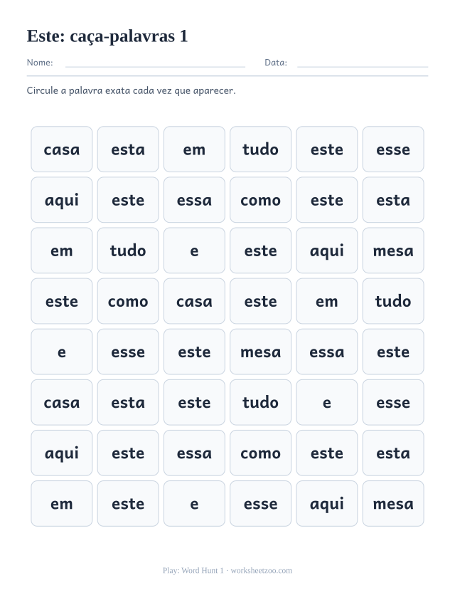 Prévia da palavra frequente “este”, caça-palavras 1