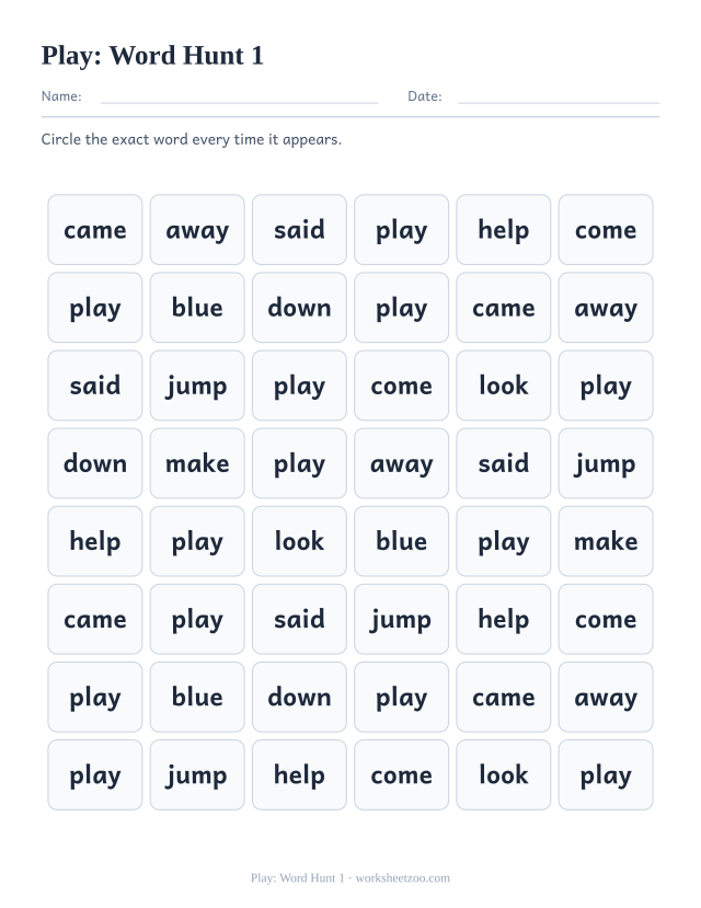 Sight word “play” worksheet, word hunt 1 printable activity