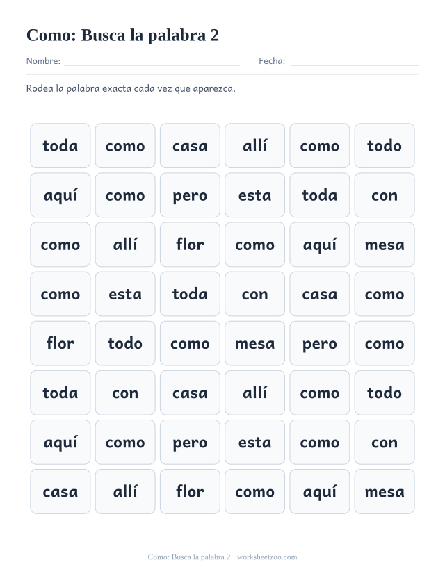 Ficha de la palabra frecuente «como», busca la palabra 2 para imprimir