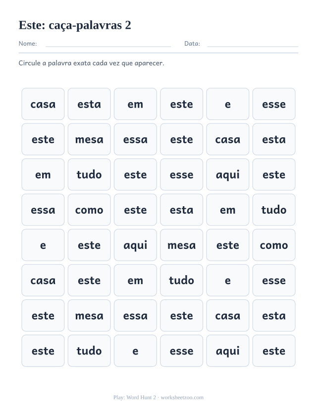Prévia da palavra frequente “este”, caça-palavras 2