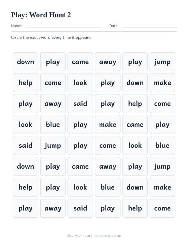 Sight word “play” worksheet, word hunt 2 printable activity
