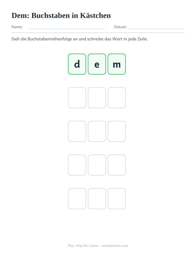 Vorschau: häufiges Wort „dem“, Buchstaben in Kästchen