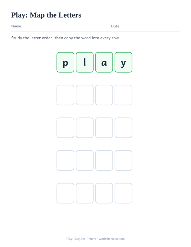 Sight word “play” worksheet, map the letters printable activity