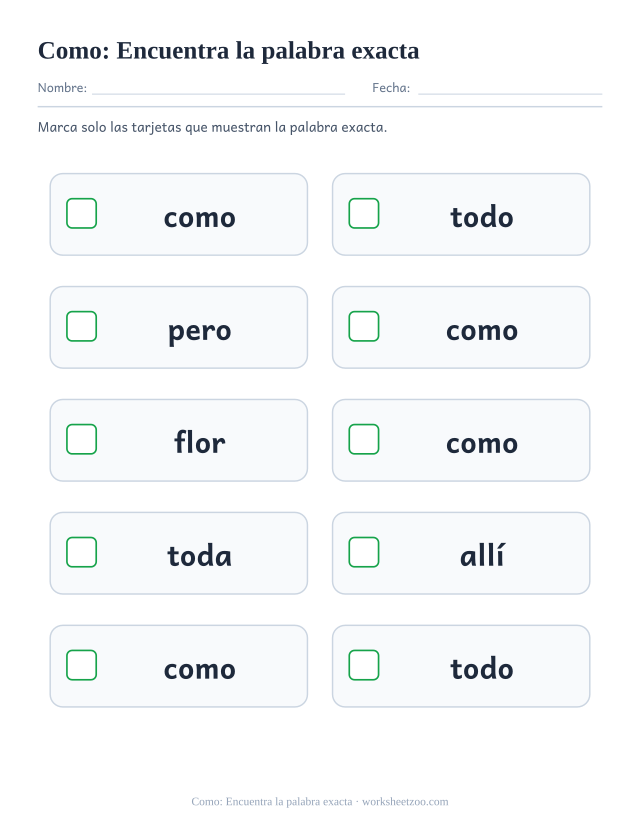 Ficha de la palabra frecuente «como», encuentra la palabra exacta para imprimir