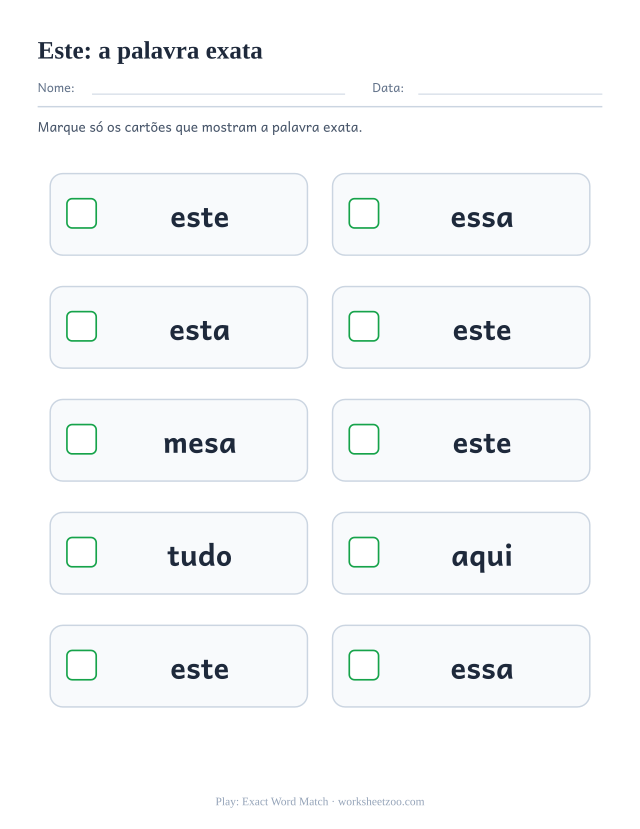 Prévia da palavra frequente “este”, a palavra exata