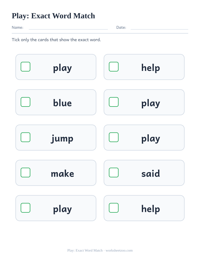 Sight word “play” worksheet, exact word match printable activity