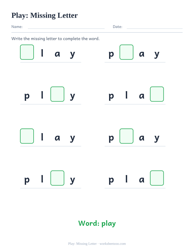 Sight word “play” worksheet, missing letter printable activity