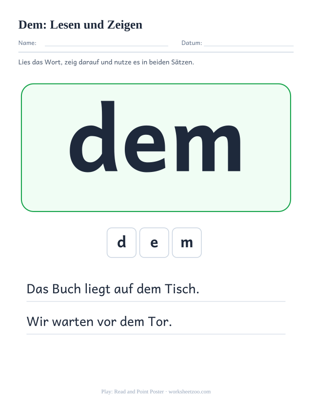 Vorschau: häufiges Wort „dem“, Lesen und Zeigen