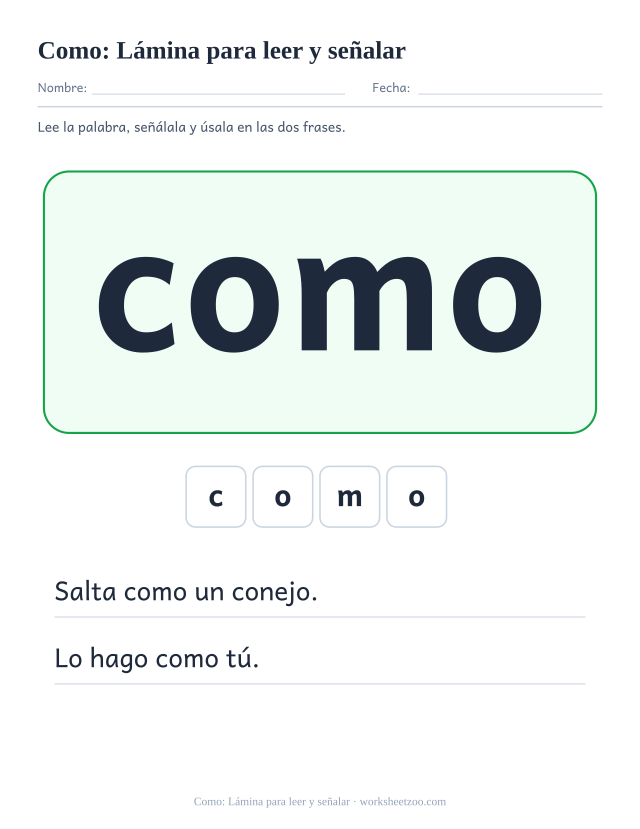Ficha de la palabra frecuente «como», lámina para leer y señalar para imprimir