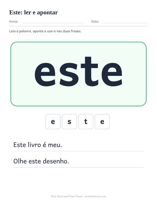 Prévia da palavra frequente “este”, ler e apontar