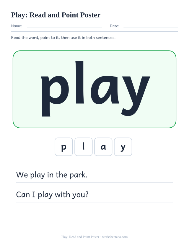 Sight word “play” worksheet, read and point poster printable activity