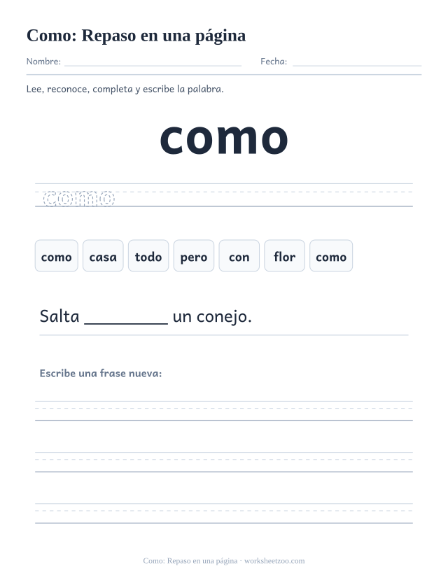 Ficha de la palabra frecuente «como», repaso en una página para imprimir