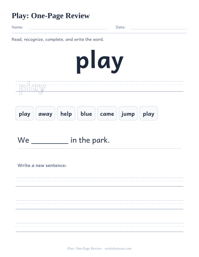 Sight word “play” worksheet, one-page review printable activity