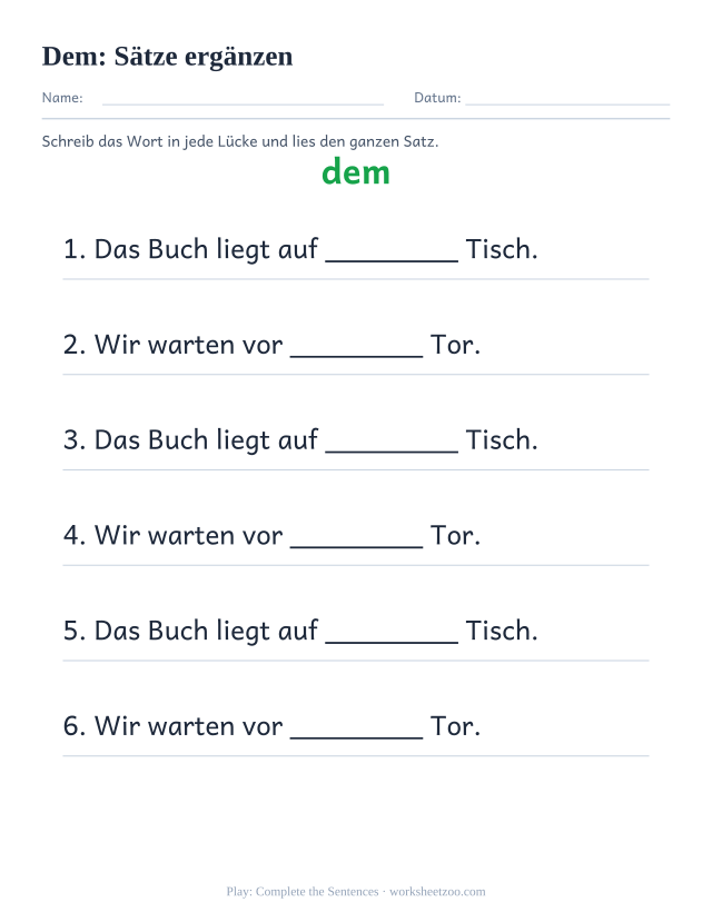 Vorschau: häufiges Wort „dem“, Sätze ergänzen