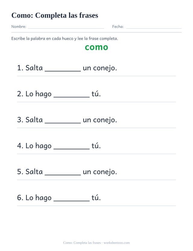 Ficha de la palabra frecuente «como», completa las frases para imprimir