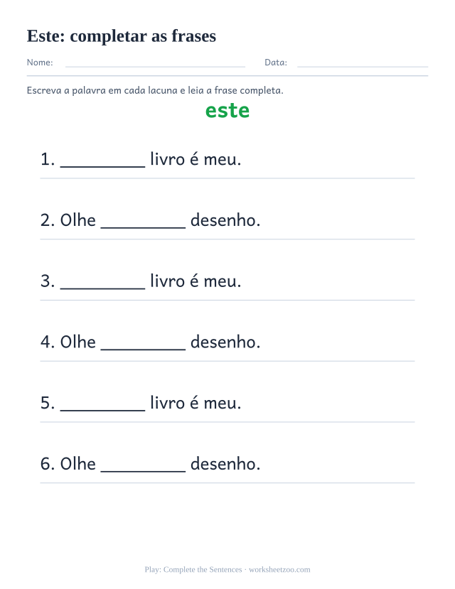 Prévia da palavra frequente “este”, completar as frases