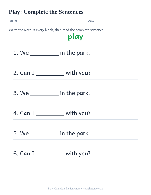Sight word “play” worksheet, complete the sentences printable activity
