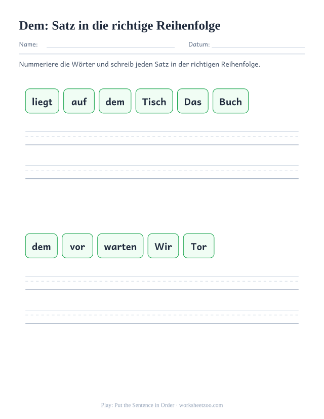 Vorschau: häufiges Wort „dem“, Satz in die richtige Reihenfolge