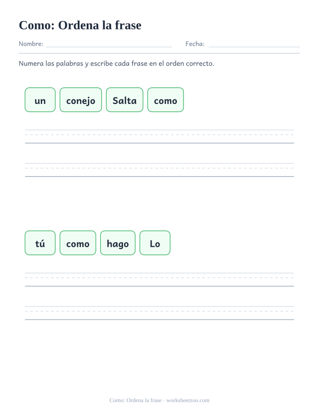 Ficha de la palabra frecuente «como», ordena la frase para imprimir