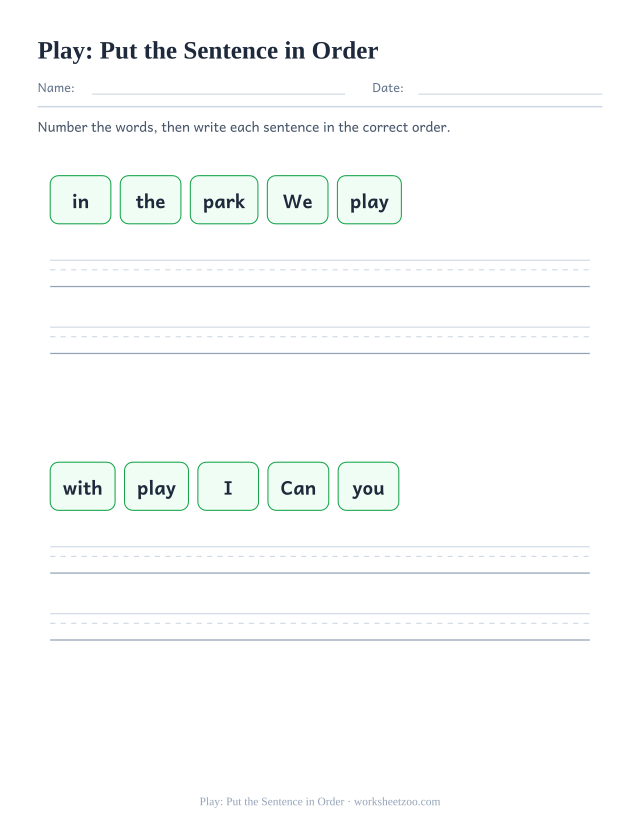Sight word “play” worksheet, put the sentence in order printable activity