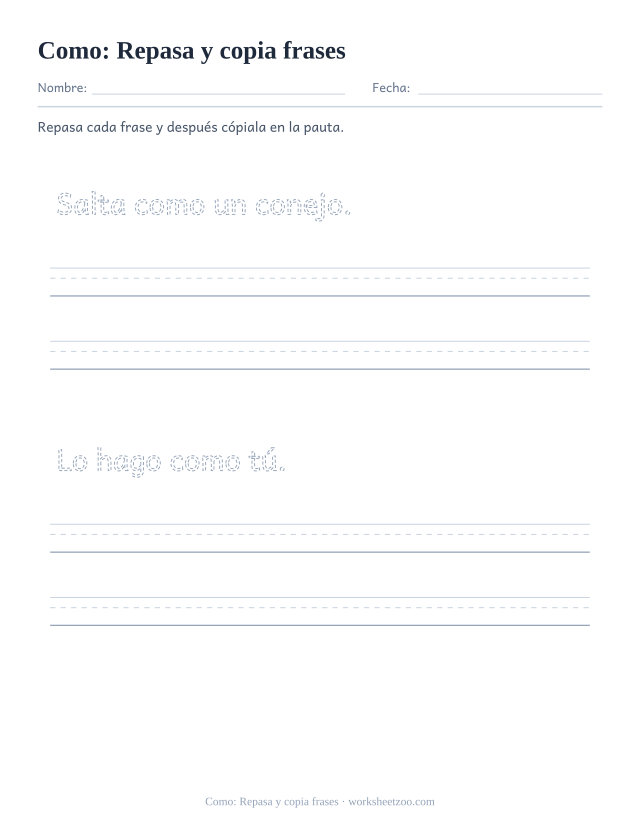 Ficha de la palabra frecuente «como», repasa y copia frases para imprimir