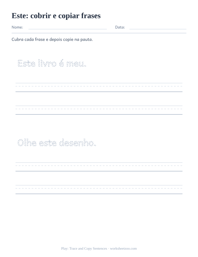 Prévia da palavra frequente “este”, cobrir e copiar frases