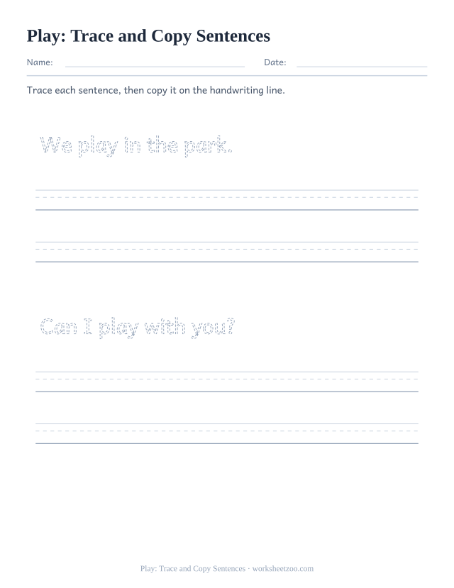 Sight word “play” worksheet, trace and copy sentences printable activity