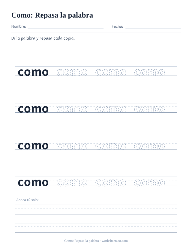 Ficha de la palabra frecuente «como», repasa la palabra para imprimir