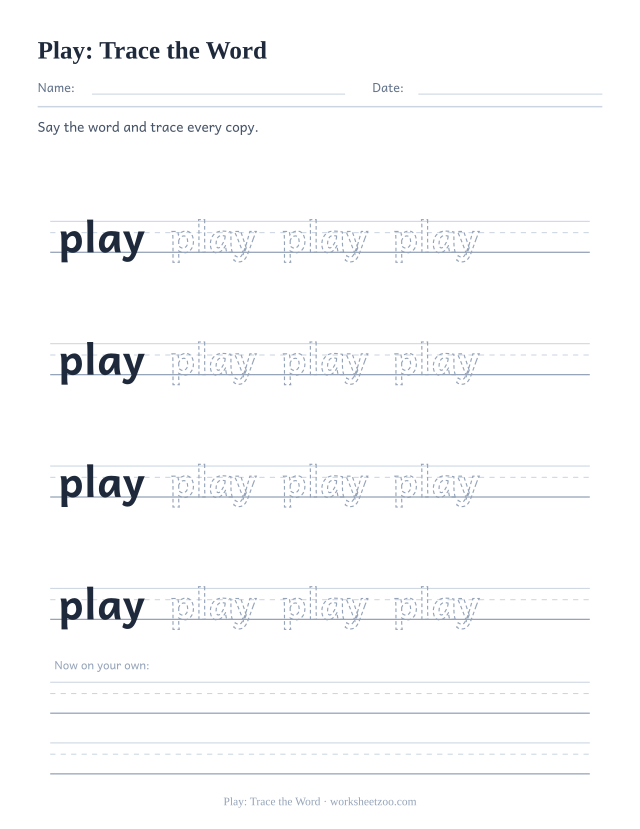 Sight word “play” worksheet, trace the word printable activity