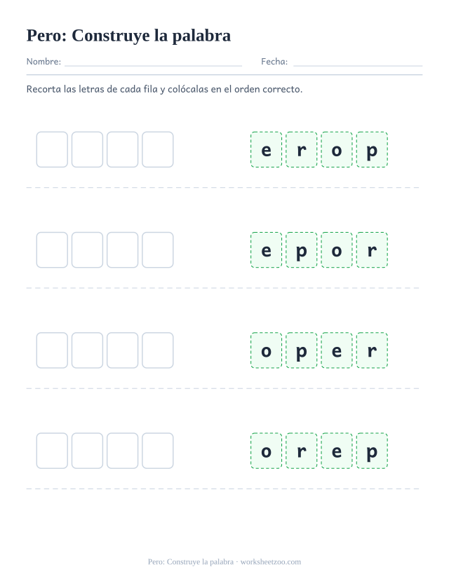 Ficha de la palabra frecuente «pero», construye la palabra para imprimir
