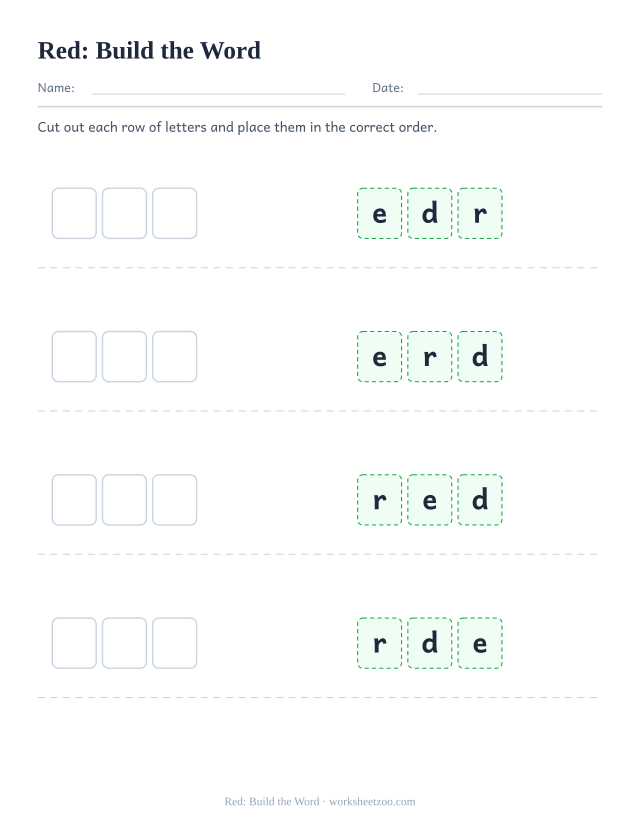 Sight word “red” worksheet, build the word printable activity