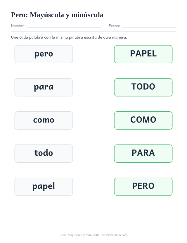 Ficha de la palabra frecuente «pero», mayúscula y minúscula para imprimir