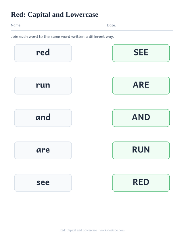 Sight word “red” worksheet, capital and lowercase printable activity