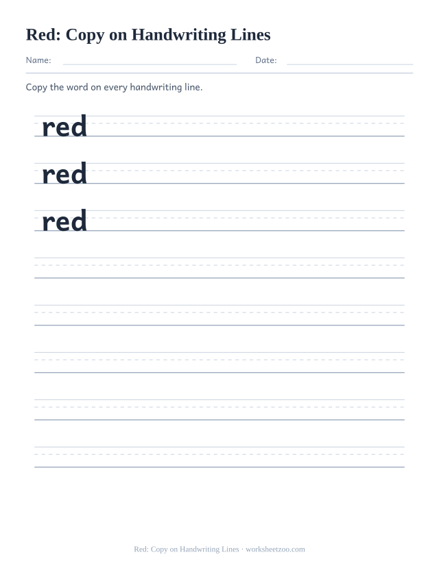 Sight word “red” worksheet, copy on handwriting lines printable activity